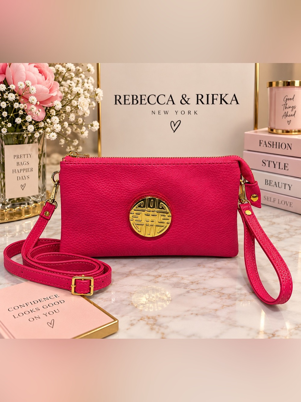 Rebecca & Rifka Hot Pink Medallion Faux Leather Crossbody Wristlet NWOT